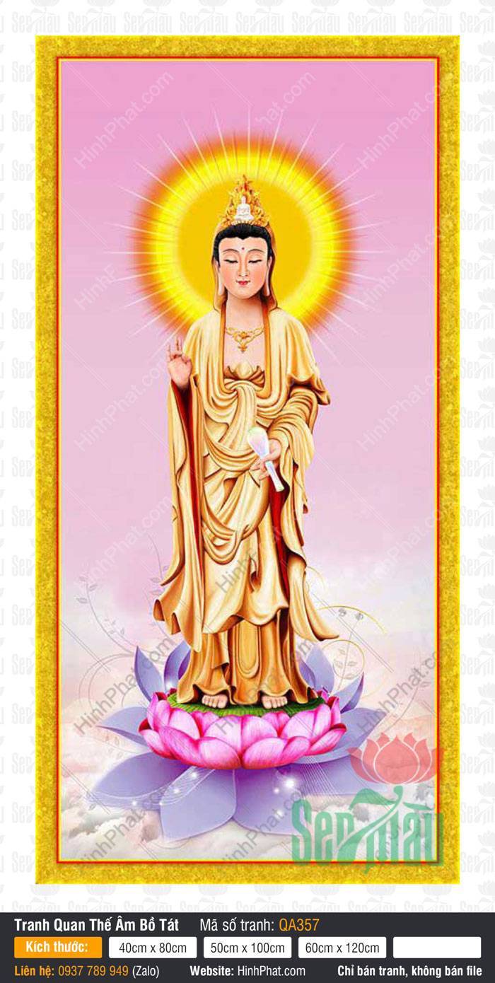 Tôn Ảnh Quan Thế Âm QA357 Tôn Ảnh Quan Thế Âm QA357 đứng trên tòa sen hồng y phục vàng tỏa ánh hào quang rực rỡ