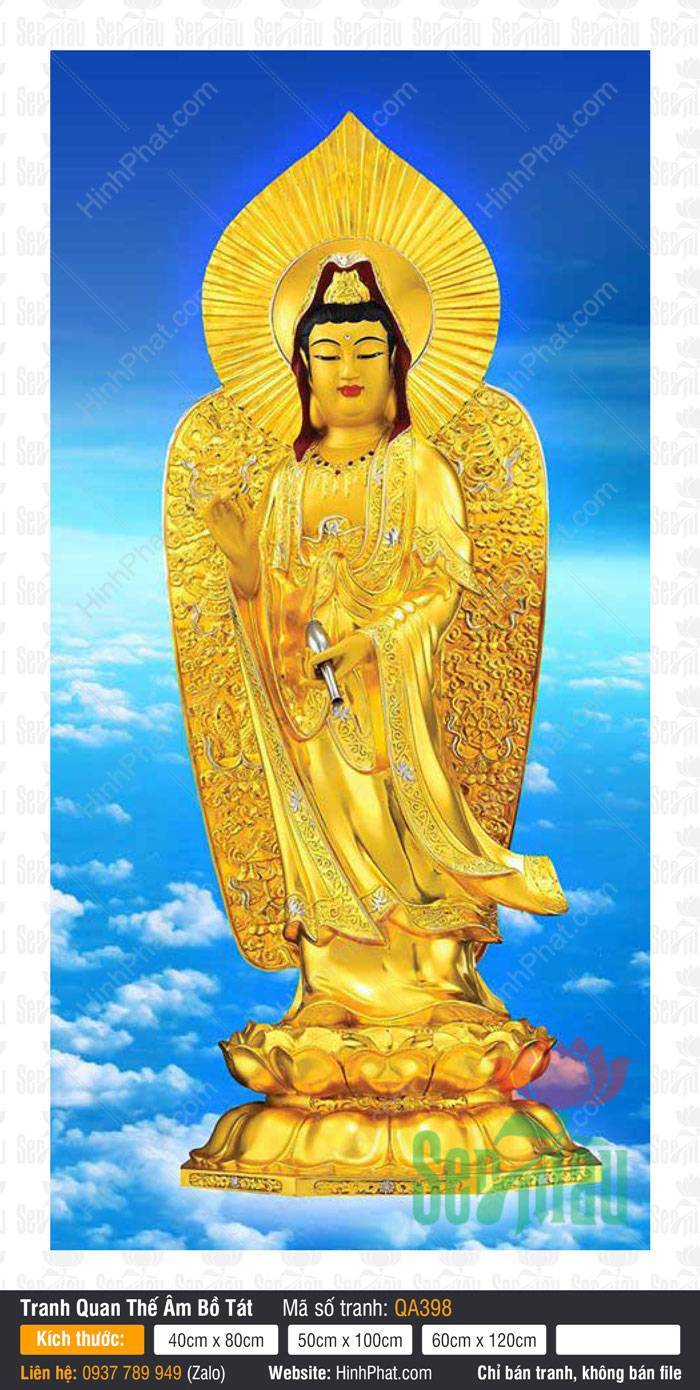 Tôn Ảnh Quan Thế Âm QA398 Tôn Ảnh Quan Thế Âm QA398 tượng màu vàng đứng đài sen giữa trời mây tỏa hào quang