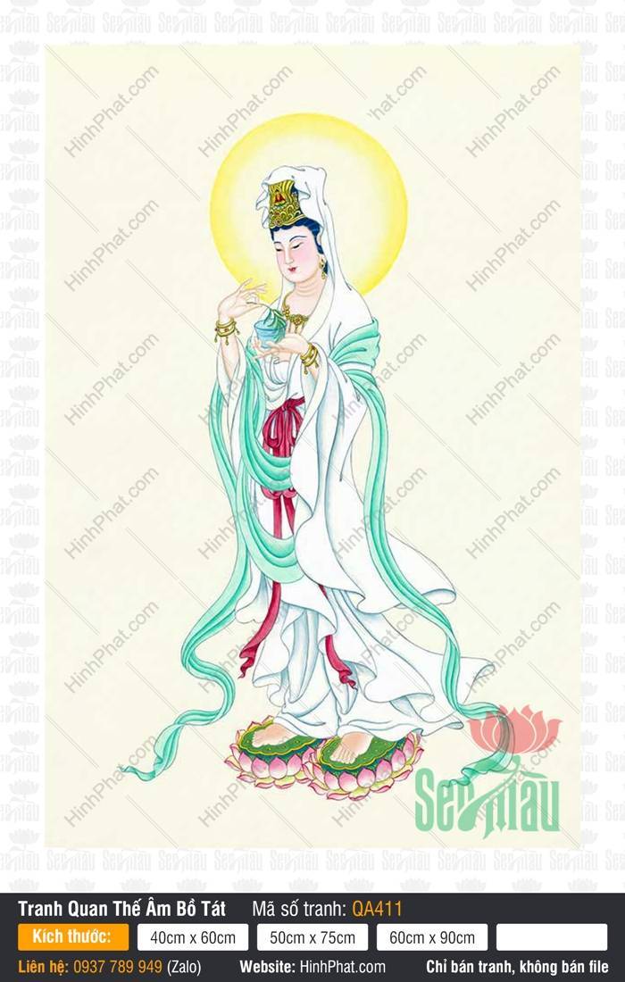 Tôn Ảnh Quan Thế Âm QA411 Tôn Ảnh Quan Thế Âm QA411 y phục trắng thanh khiết khoác dải lụa xanh ngọc ngự đài sen hồng