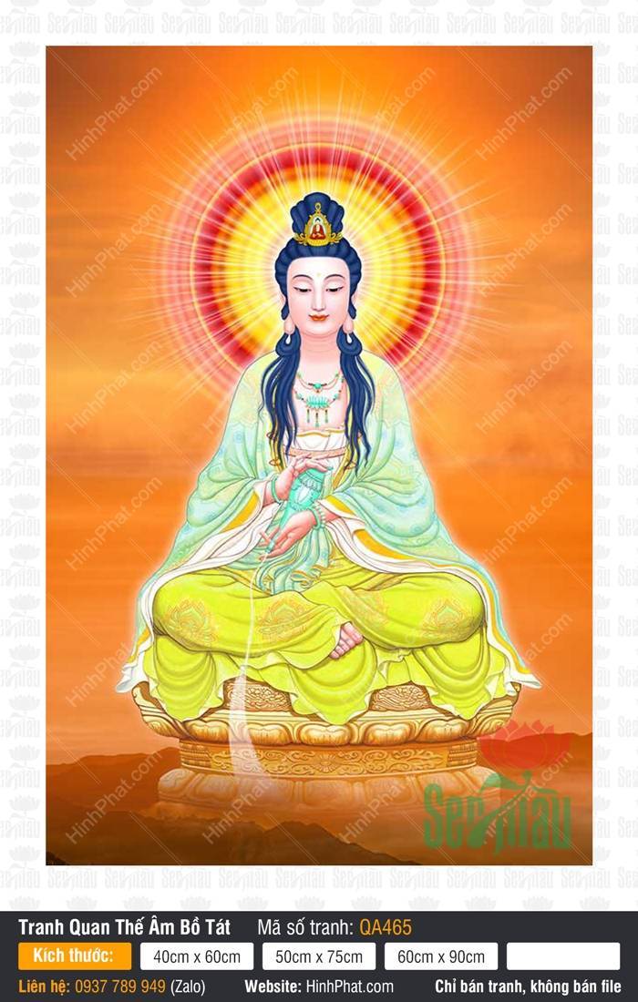 Tôn Ảnh Quan Thế Âm QA465 Hình Tôn Ảnh Quan Thế Âm QA465 ngồi kiết già tay cầm dương liễu hào quang đỏ rực rỡ