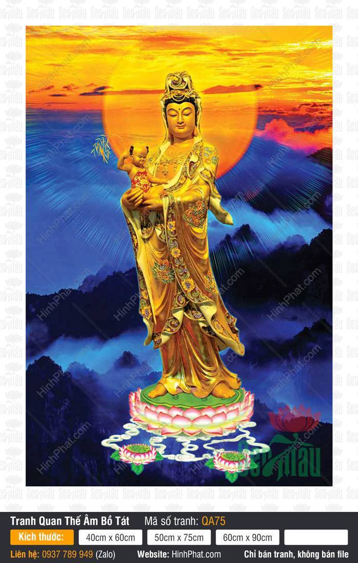 Tôn Ảnh Quan Thế Âm QA75 Tôn Ảnh Quan Thế Âm QA75 áo vàng bồng đồng tử đứng đài sen hồng