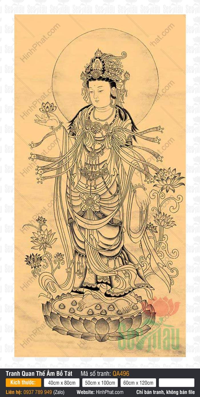 Tranh Bồ Tát Quán Thế Âm Đẹp QA496 Tranh Bồ Tát Quán Thế Âm Đẹp QA496 nét vẽ tay đen ngự tòa sen trên nền giấy cổ