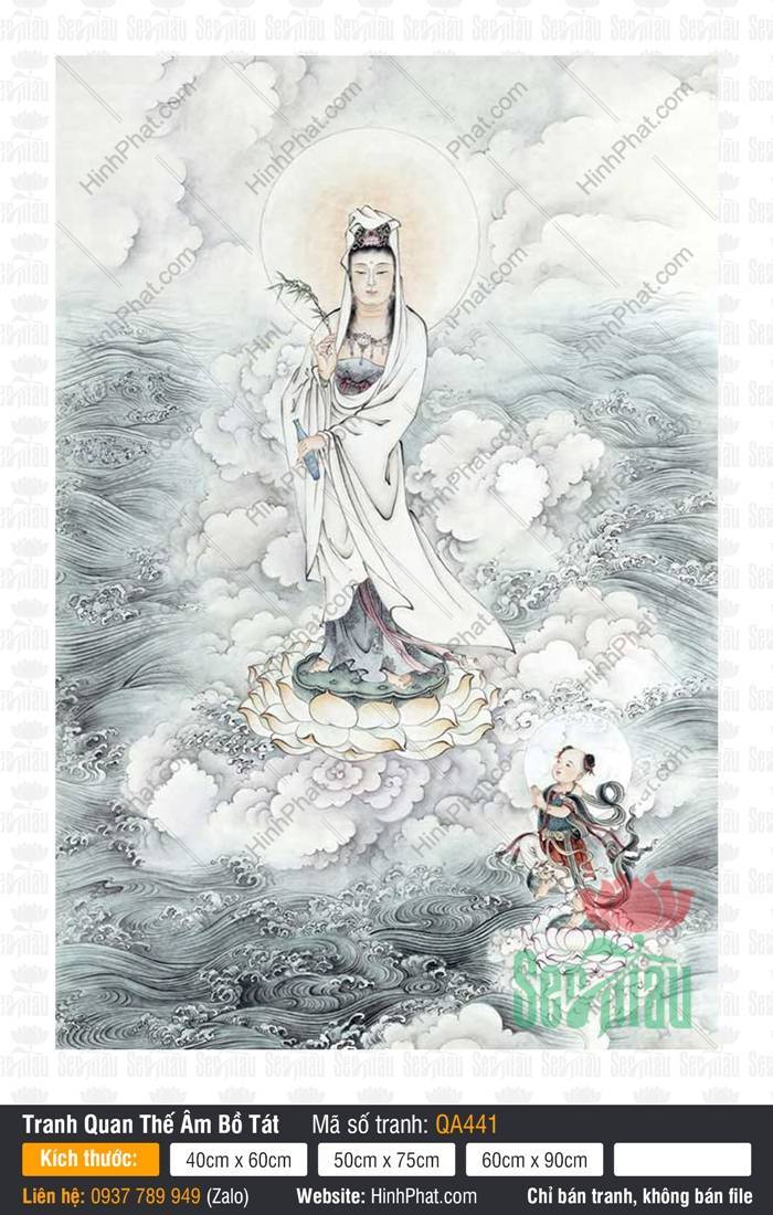 Tranh Bồ Tát Quán Thế Âm QA441 Tranh Bồ Tát Quán Thế Âm QA441 ngự đài sen giữa sóng biển cuộn trào và mây khói