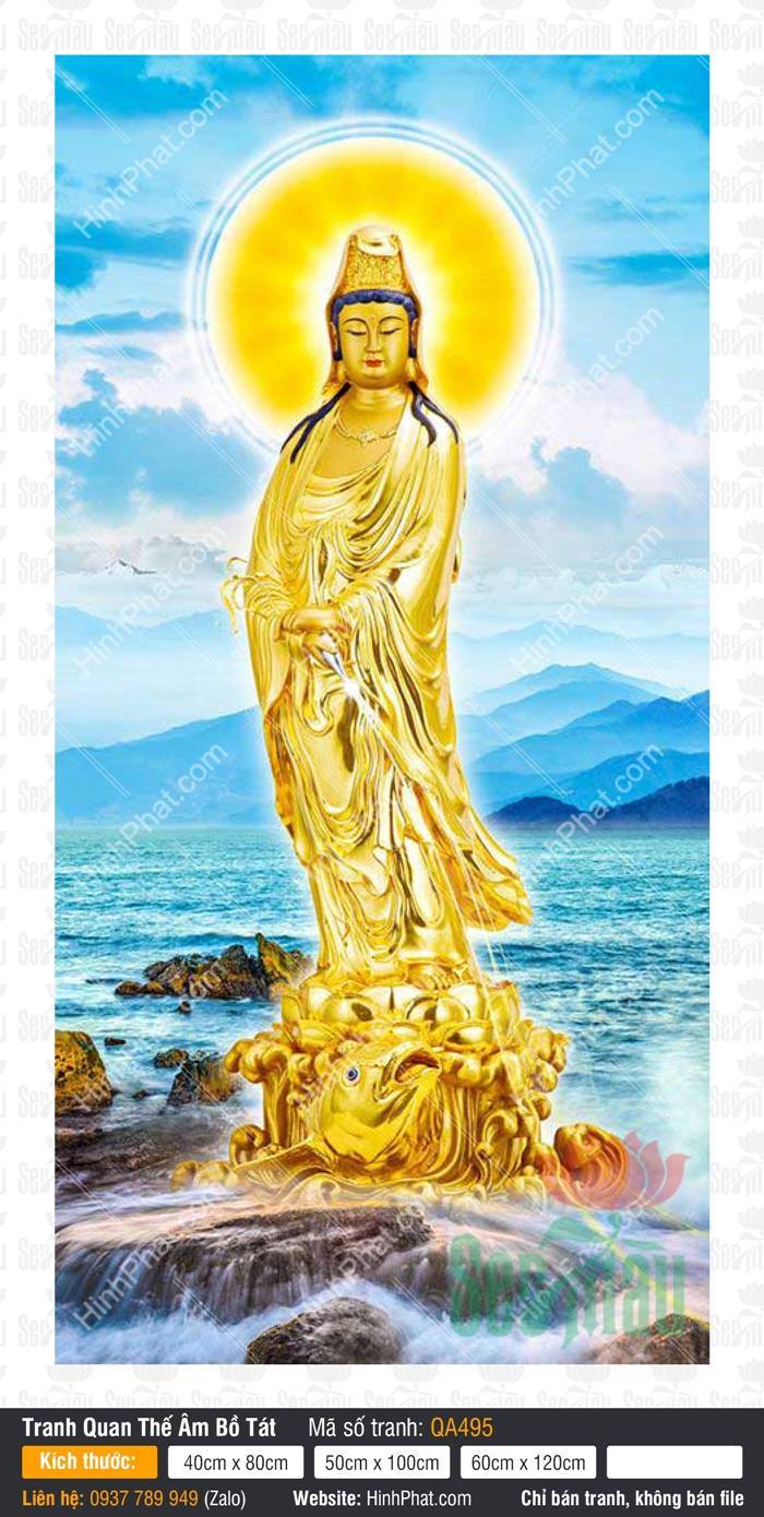 Tranh Bồ Tát Quán Thế Âm QA495 Hình Tranh Bồ Tát Quán Thế Âm QA495 tượng vàng đứng trên kình ngư giữa biển xanh hào quang rực rỡ