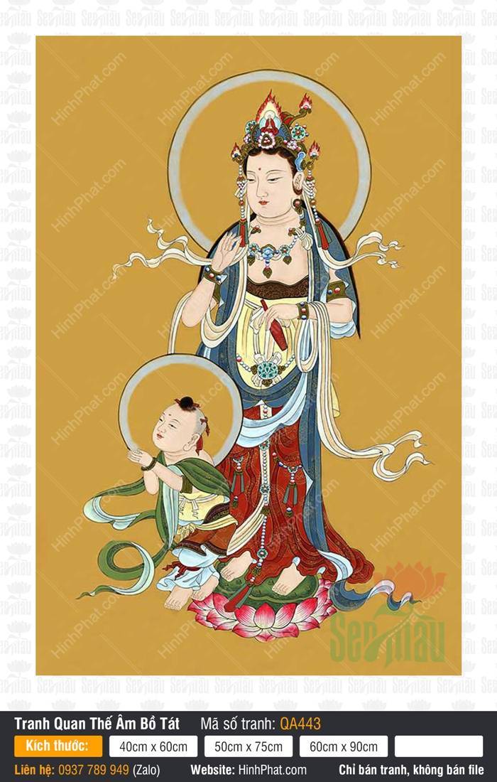 Tranh Mẹ Hiền Quán Thế Âm QA443 Tranh Mẹ Hiền Quán Thế Âm QA443 Bồ Tát bồng Đồng Tử đứng trên đài sen hồng rực rỡ