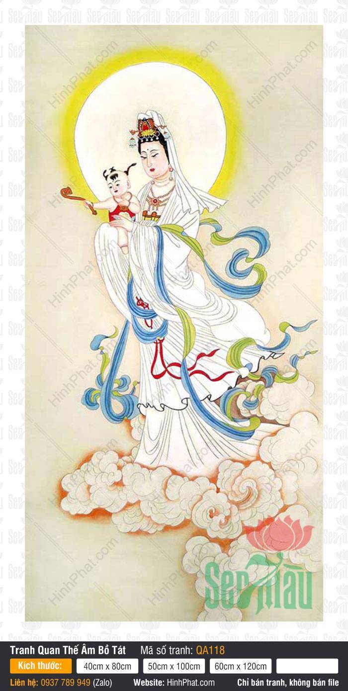 Tranh Mẹ Quan Âm QA118 Tranh Mẹ Quan Âm QA118 bồng đồng tử đứng trên mây lành