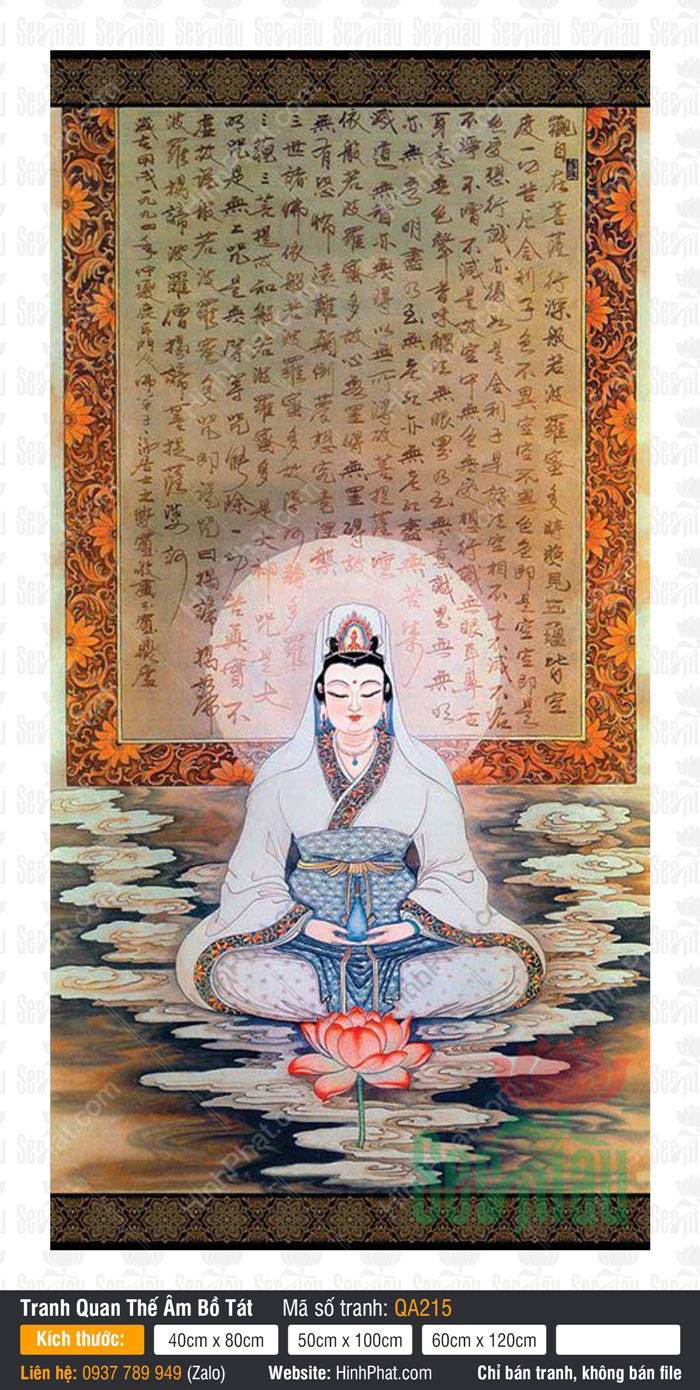 Tranh Mẹ Quan Âm QA215 Tranh Mẹ Quan Âm QA215 dáng tĩnh tọa nâng tịnh bình trên nền thư pháp cổ
