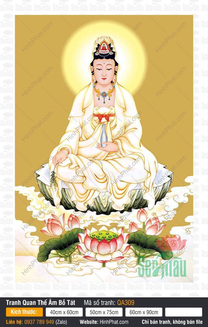 Tranh Mẹ Quan Âm QA309 Tranh Mẹ Quan Âm QA309 khoác bạch y tọa thiền đài đá giữa hồ sen mây vàng