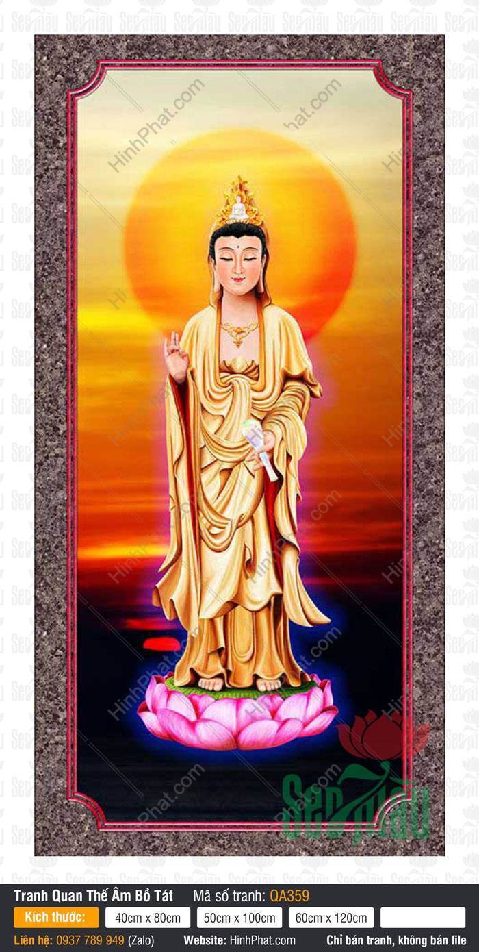 Tranh Mẹ Quan Âm QA359 Tranh Mẹ Quan Âm QA359 tôn tượng màu vàng đứng trên đài sen hồng vầng hào quang rực rỡ