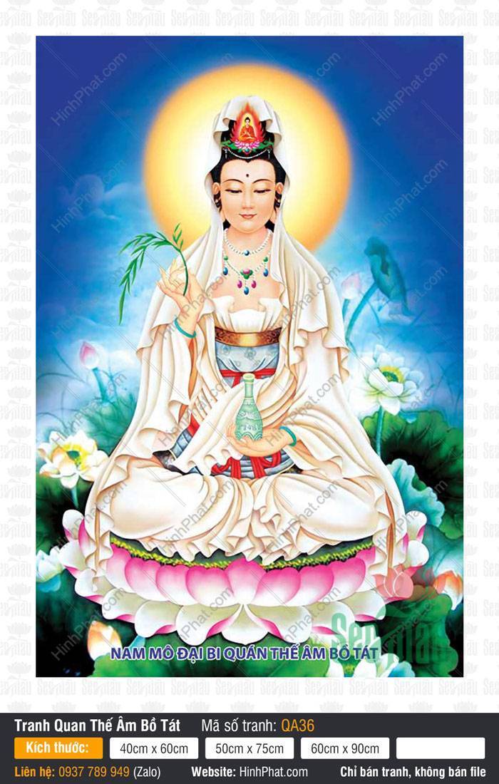 Tranh Mẹ Quan Âm QA36 Tranh Mẹ Quan Âm QA36 áo trắng ngự đài sen hồng giữa cảnh hồ sen xanh
