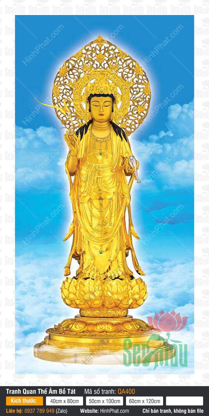 Tranh Mẹ Quan Âm QA400 Tranh Mẹ Quan Âm QA400 tôn tượng dát vàng đứng trên đài sen báu giữa trời xanh mây trắng