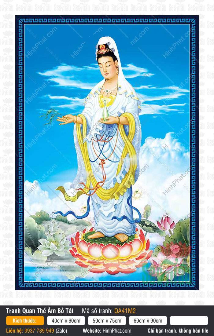 Tranh Mẹ Quan Âm QA41M2 Tranh Mẹ Quan Âm QA41M2 đứng trên đài sen hồng giữa đầm sen và trời xanh
