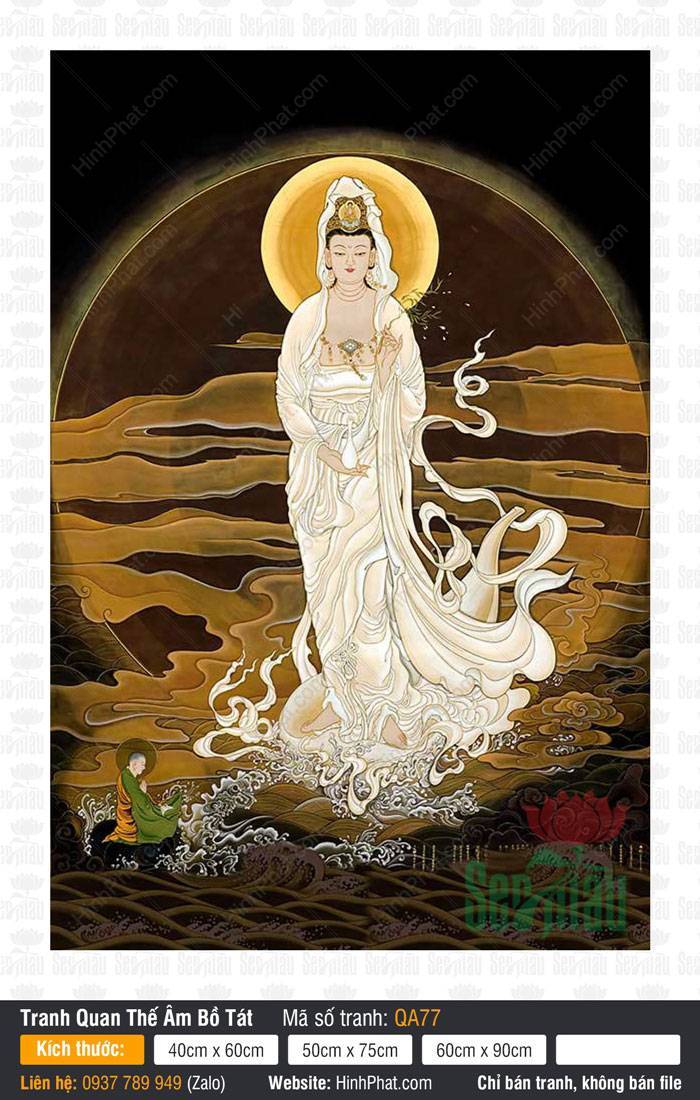 Tranh Mẹ Quan Âm QA77 Tranh Mẹ Quan Âm QA77 áo trắng đứng trên sóng nước tỏa hào quang vàng