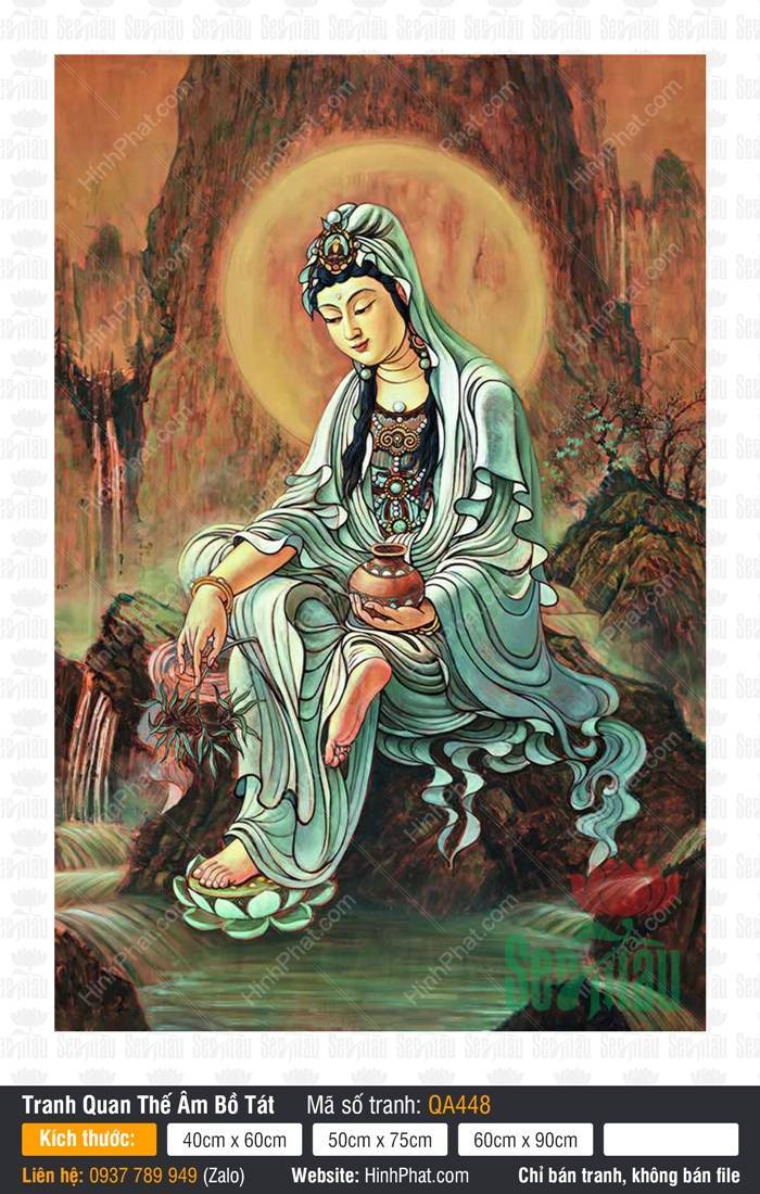 Tranh Mẹ Quán Thế Âm Bồ Tát Đẹp QA448 Tranh Mẹ Quán Thế Âm Bồ Tát Đẹp QA448 ngự trên vách đá bên suối y phục xanh ngọc