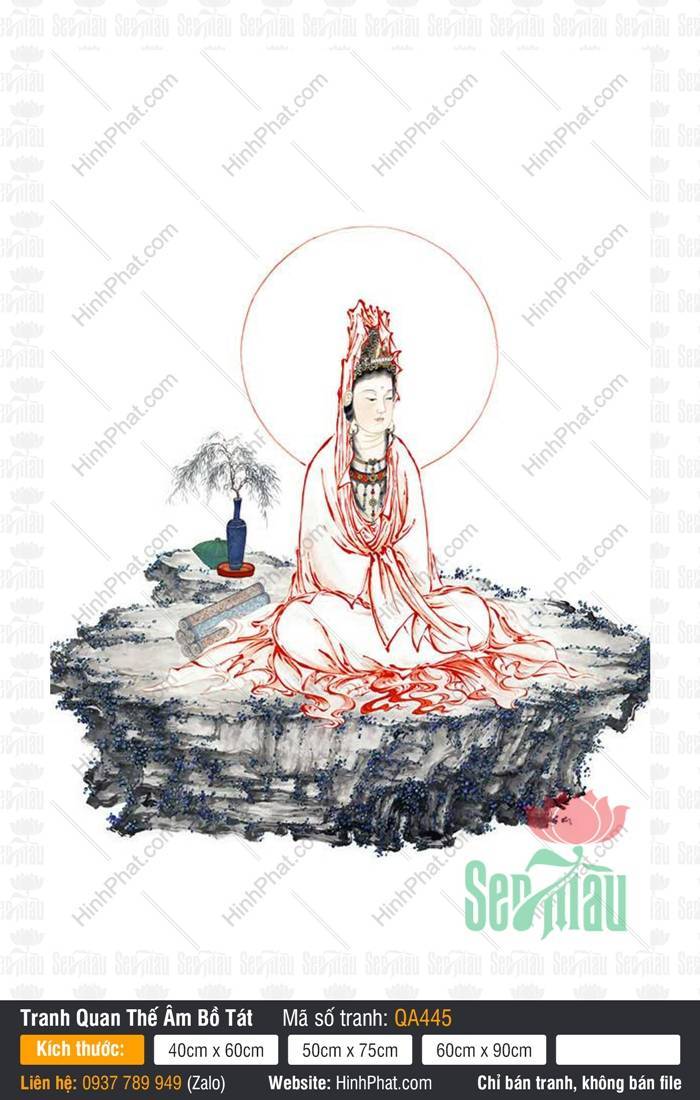 Tranh Mẹ Quán The Âm Bồ Tát QA445 Tranh Mẹ Quán The Âm Bồ Tát QA445 vẽ nét chỉ đỏ Ngài ngồi thiền trên vách đá trang nghiêm
