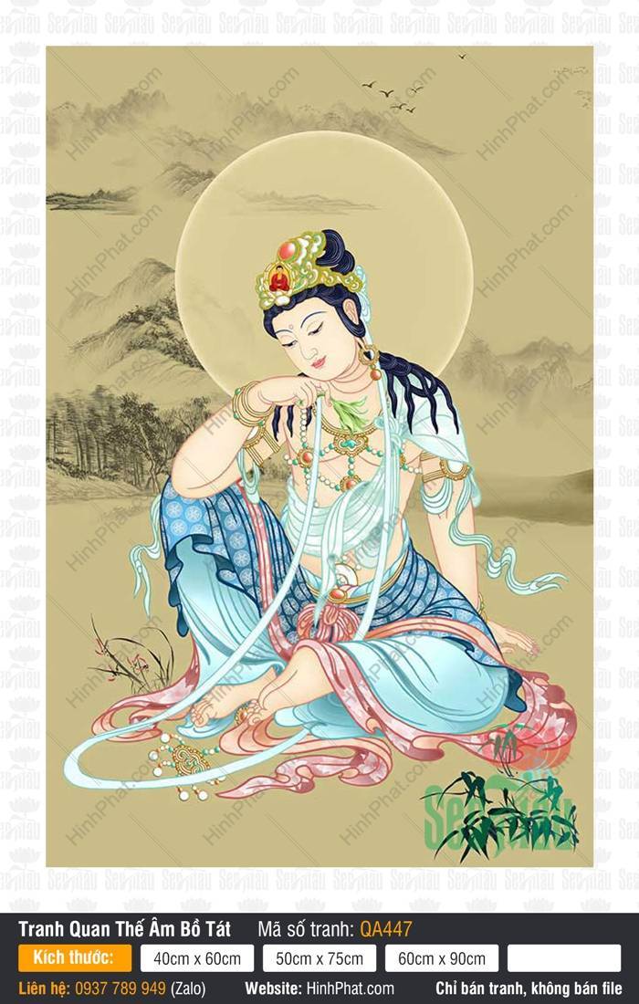 Tranh Mẹ Quán Thế Âm Bồ Tát QA447 Tranh Mẹ Quán Thế Âm Bồ Tát QA447 ngồi tự tại tay tựa má y phục xanh lam núi mờ ảo