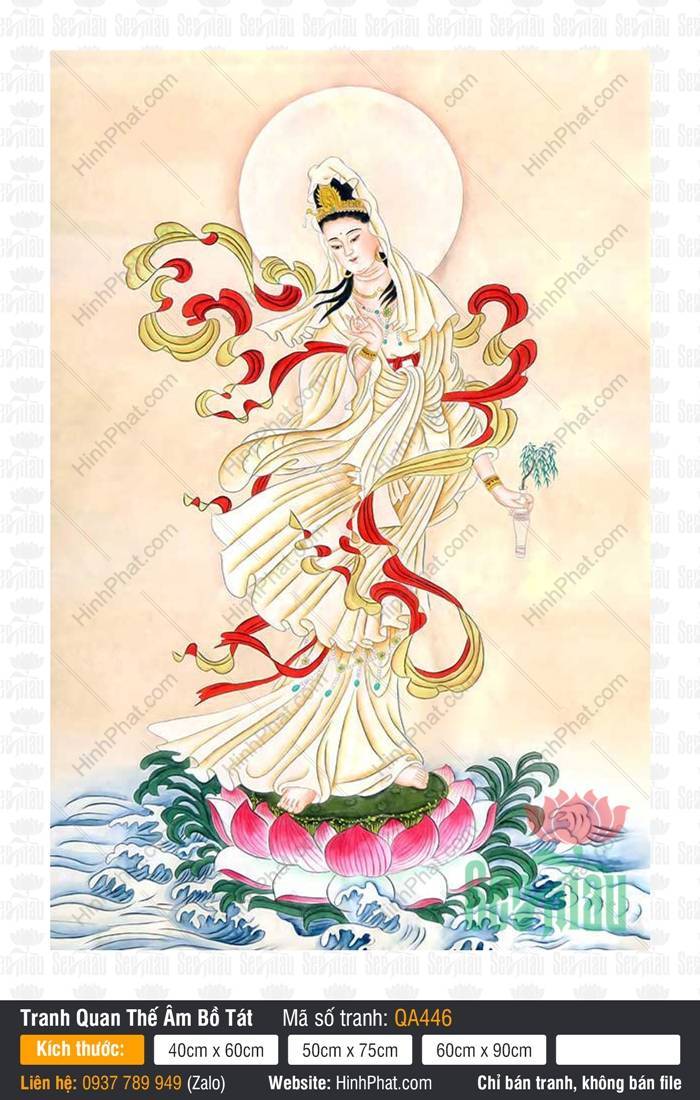 Tranh Mẹ Quán Thế Âm QA446 Tôn tượng Tranh Mẹ Quán Thế Âm QA446 đứng trên tòa sen tay cầm tịnh bình nhành liễu