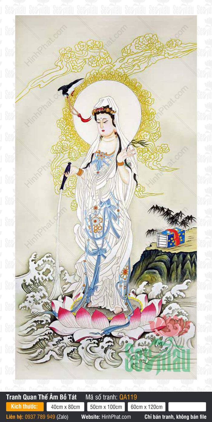 Tranh Phat Ba Quan Am QA119 Tranh Phat Ba Quan Am QA119 đứng trên hoa sen giữa sóng nước