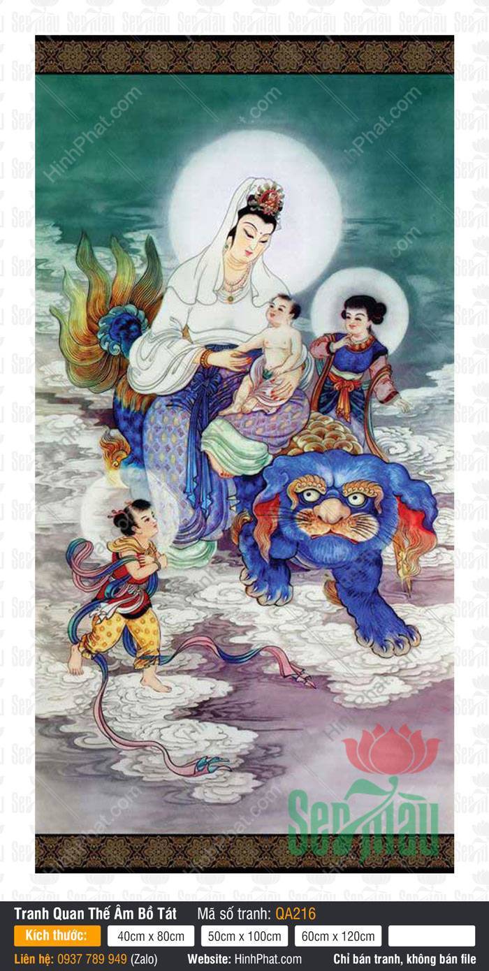 Tranh Phat Ba Quan Am QA216 Tranh Phat Ba Quan Am QA216 bồng hài nhi ngự trên sư tử xanh giữa mây