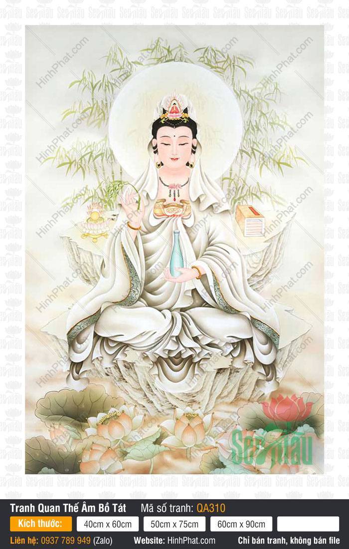 Tranh Phat Ba Quan Am QA310 Tranh Phat Ba Quan Am QA310 tĩnh tọa trên mỏm đá bên khóm trúc xanh và đầm sen