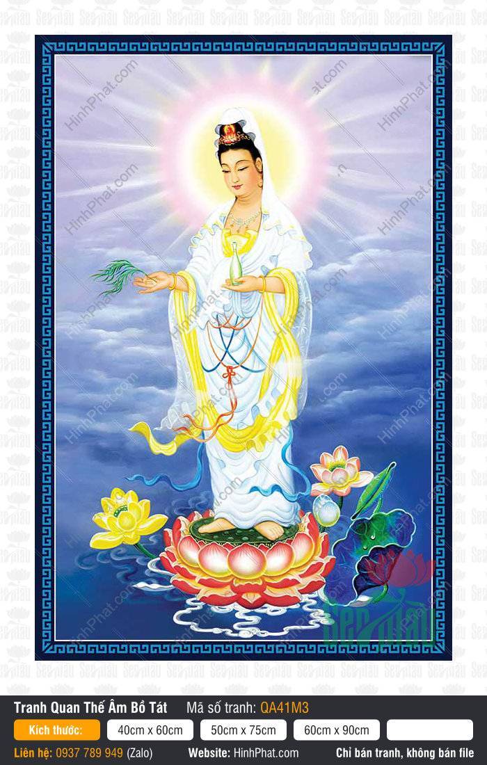 Tranh Phat Ba Quan Am QA41M3 Tranh Phat Ba Quan Am QA41M3 dáng đứng đài sen hồng giữa nền mây lam