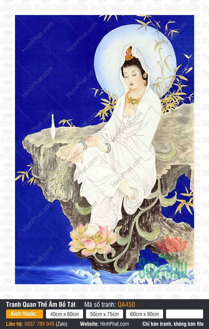 Tranh Phật Bà Quan Âm QA450 Tranh Phật Bà Quan Âm QA450 mặc y trắng ngự tọa gành đá giữa nền xanh thẫm rực rỡ