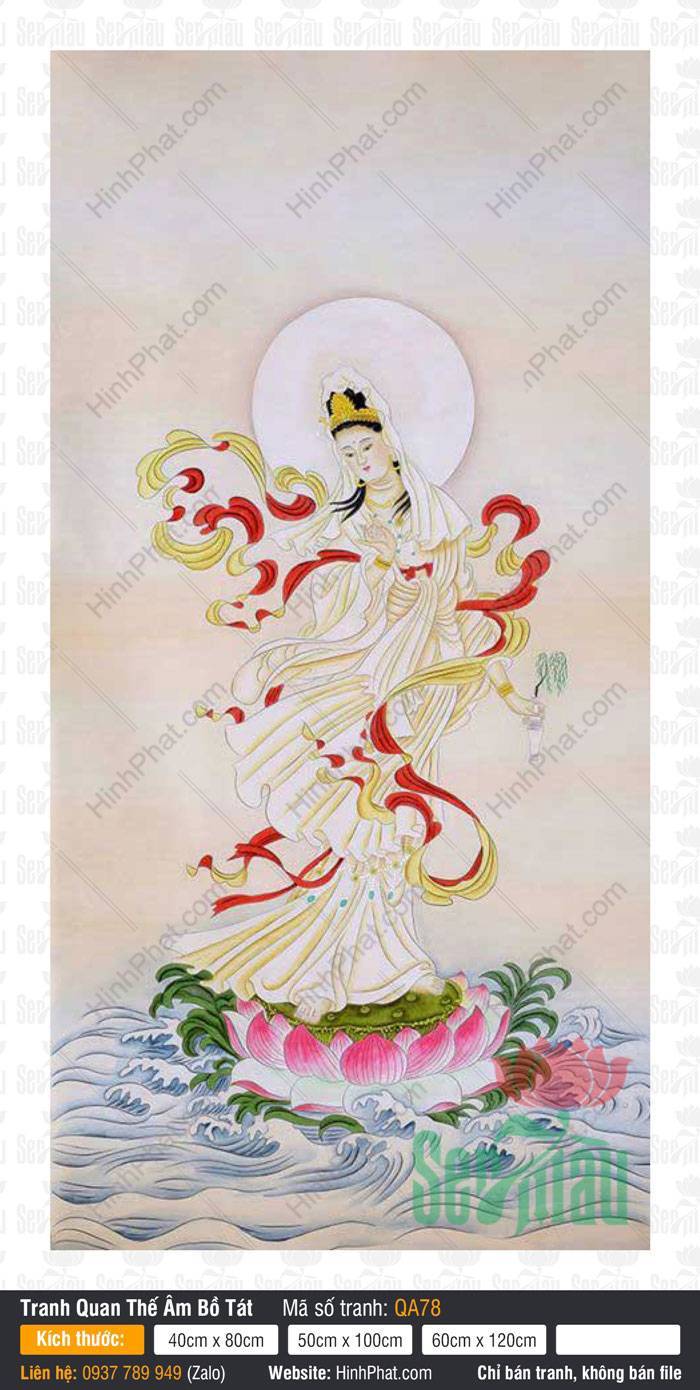 Tranh Phat Ba Quan Am QA78 Tranh Phat Ba Quan Am QA78 áo trắng dải lụa đỏ vàng đứng tòa sen hồng trên sóng nước