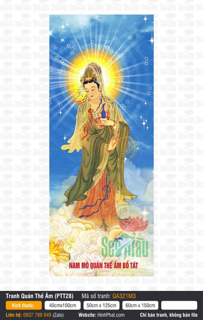 Tranh Phật Quan Âm Đẹp, Hình Quan Âm Đẹp QA321M3 Tranh Phật Quan Âm Đẹp, Hình Quan Âm Đẹp QA321M3 áo xanh đứng ngự mây giữa trời sao