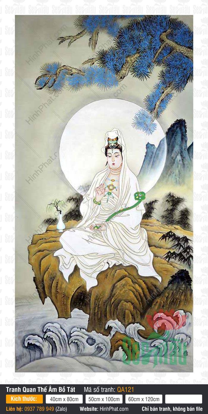 Tranh Phật Quan Âm Đẹp QA121 Tranh Phật Quan Âm Đẹp QA121 áo trắng ngồi kiết già trên ghềnh đá dưới tán thông xanh