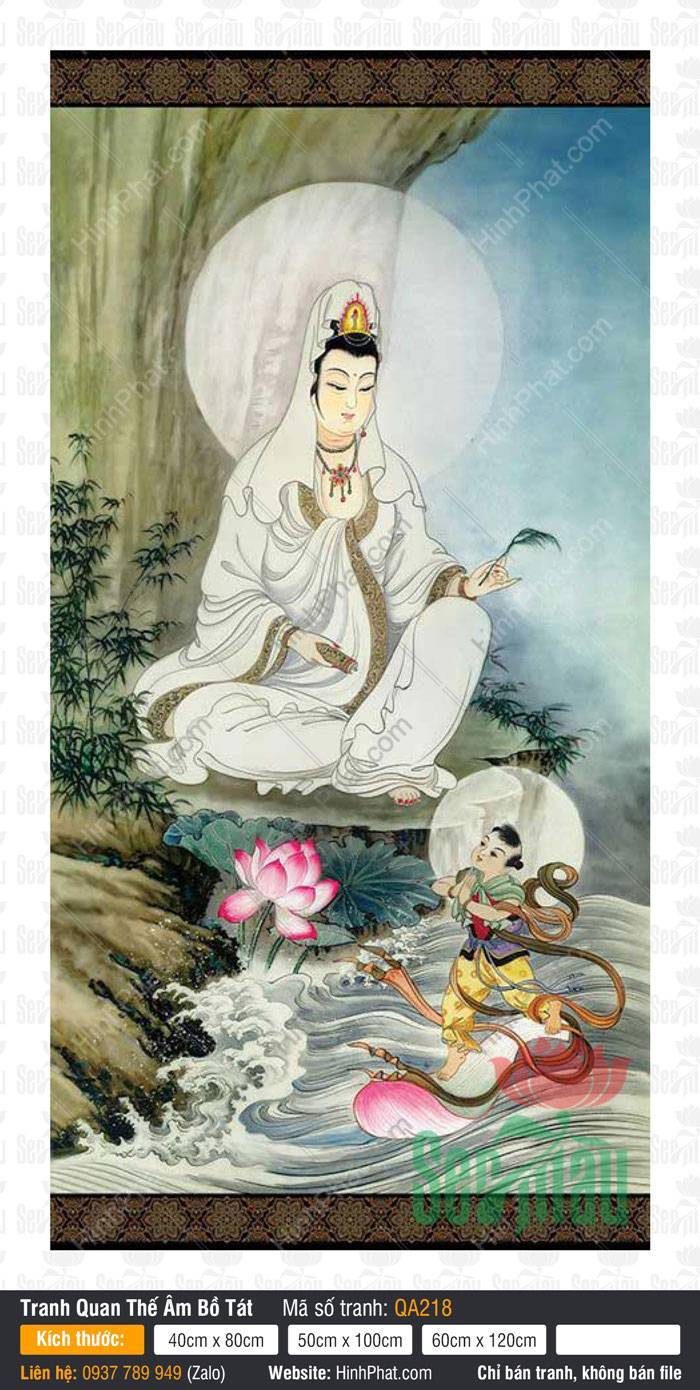 Tranh Phật Quan Âm Đẹp QA218 Tranh Phật Quan Âm Đẹp QA218 áo trắng ngự vách đá bên suối sen