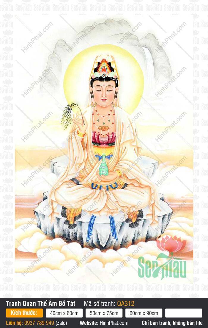 Tranh Phật Quan Âm Đẹp QA312 Tranh Phật Quan Âm Đẹp QA312 an tọa mỏm đá mây vàng vương nhẹ