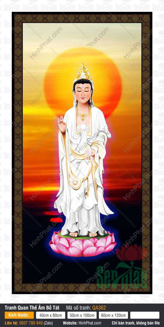Tranh Phật Quan Âm Đẹp QA362 Tranh Phật Quan Âm Đẹp QA362 tôn tượng mặc y trắng đứng trên đài sen hồng rực rỡ