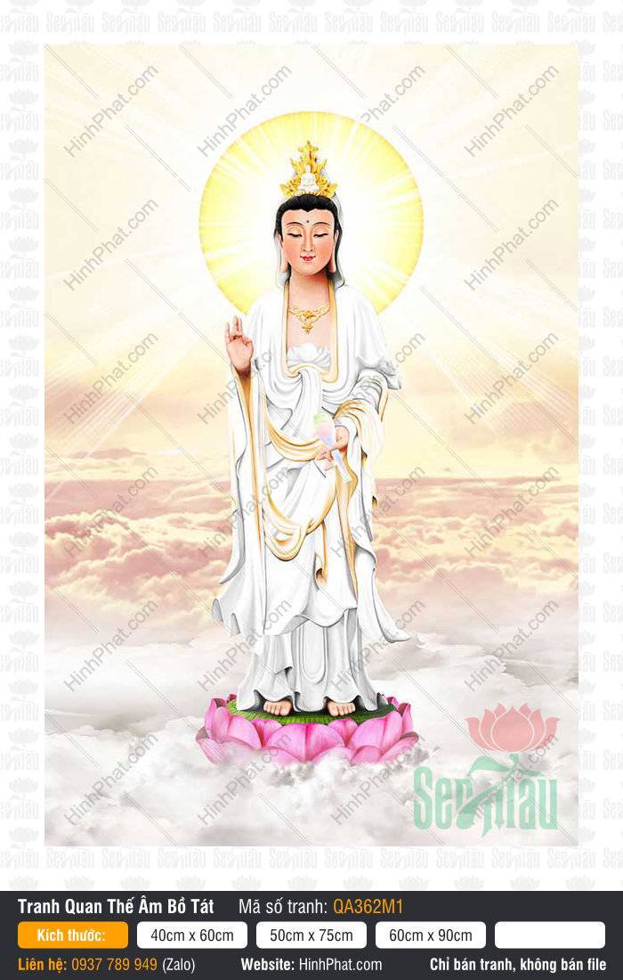 Tranh Phật Quan Âm Đẹp QA362M1 Tranh Phật Quan Âm Đẹp QA362M1 tôn tượng mặc y trắng đứng trên đài sen tỏa hào quang vàng