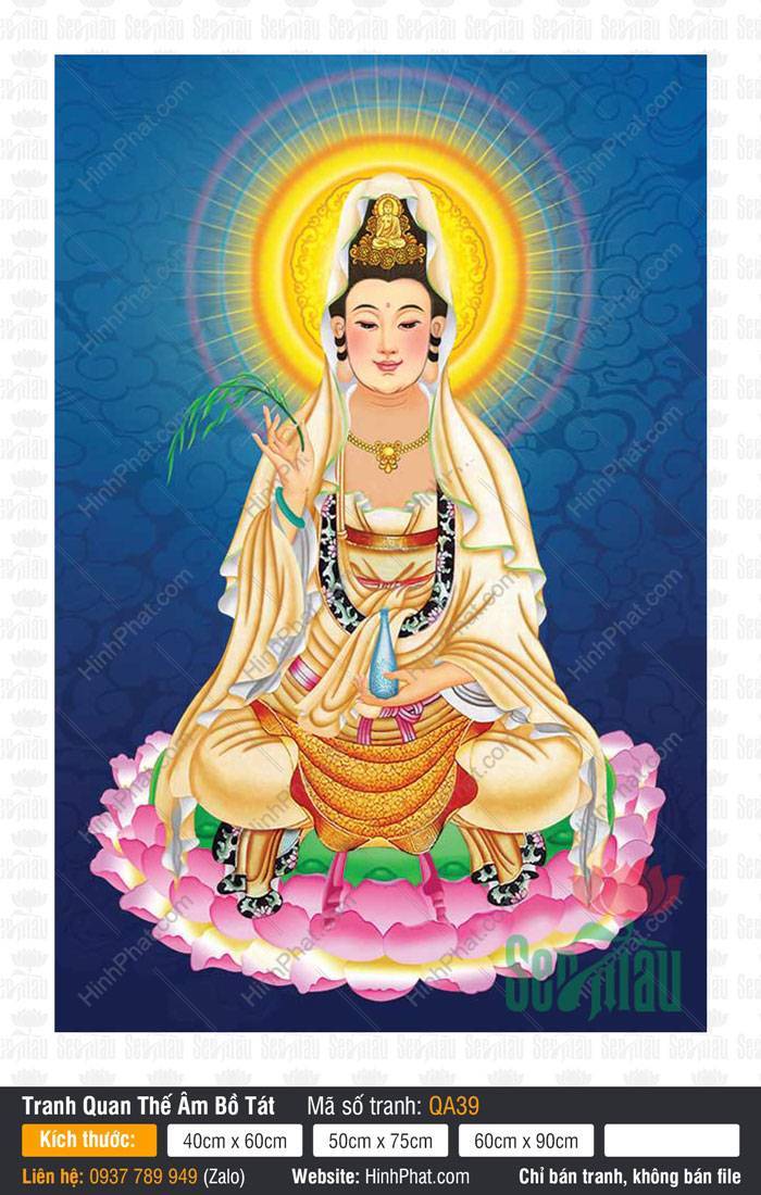 Tranh Phật Quan Âm Đẹp QA39 Tranh Phật Quan Âm Đẹp QA39 ngự đài sen hồng tỏa hào quang giữa nền xanh hoa văn