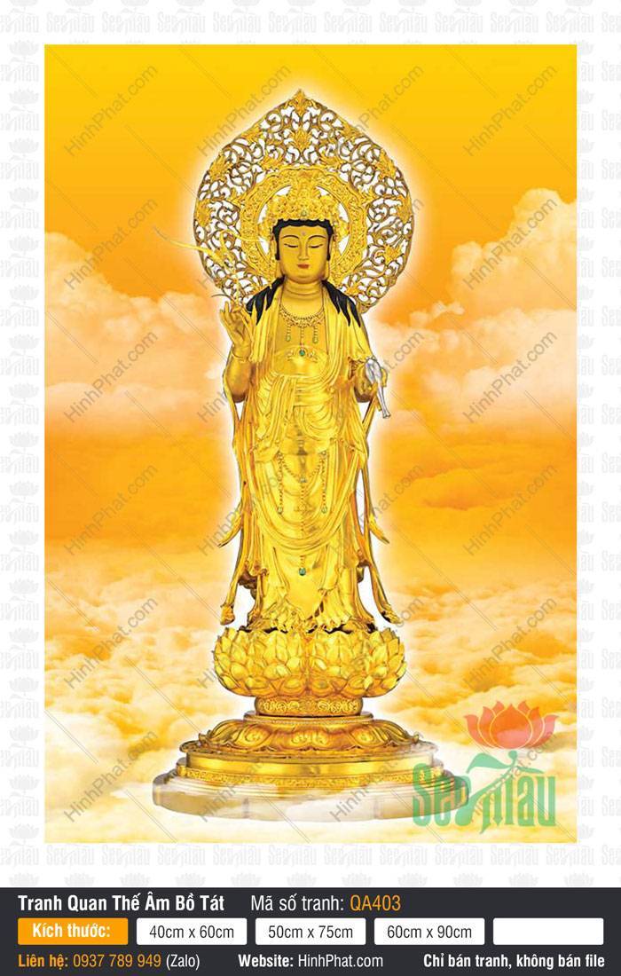 Tranh Phật Quan Âm Đẹp QA403 Tranh Phật Quan Âm Đẹp QA403 tôn tượng dát vàng đứng trên đài sen giữa hào quang rực rỡ