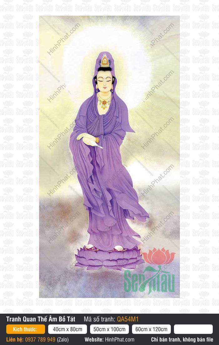 Tranh Phật Quan Âm Đẹp QA54M1 Tranh Phật Quan Âm Đẹp QA54M1 khoác áo tím đứng trên đài sen tỏa hào quang