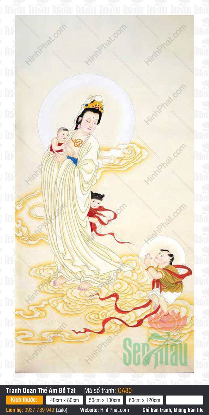 Tranh Phật Quan Âm Đẹp QA80 Tranh Phật Quan Âm Đẹp QA80 Quan Âm áo trắng đứng mây vàng bồng đồng tử