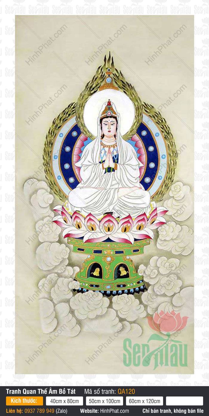Tranh Phật Quan Âm QA120 Tranh Phật Quan Âm QA120 tĩnh tọa trên hoa sen
