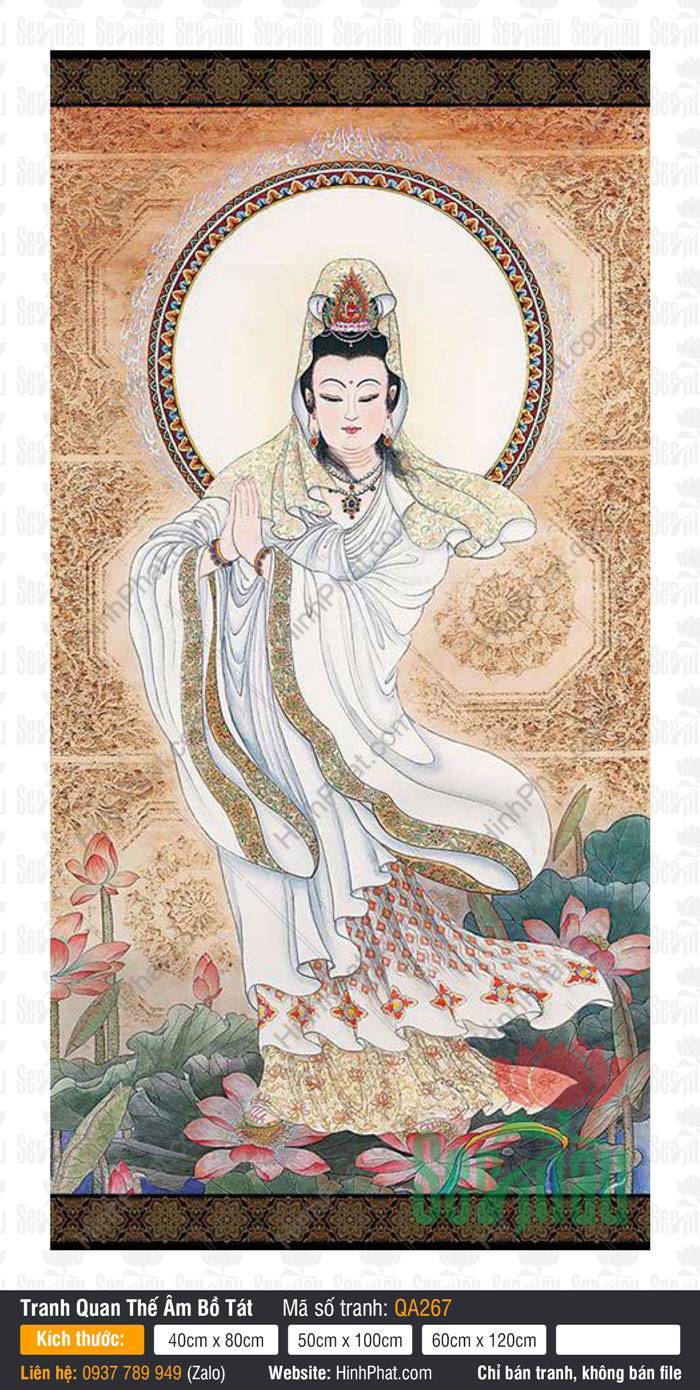 Tranh Phật Quan Âm QA267 Tranh Phật Quan Âm QA267 dáng đứng chắp tay trên khóm sen hồng nền hoa văn vàng