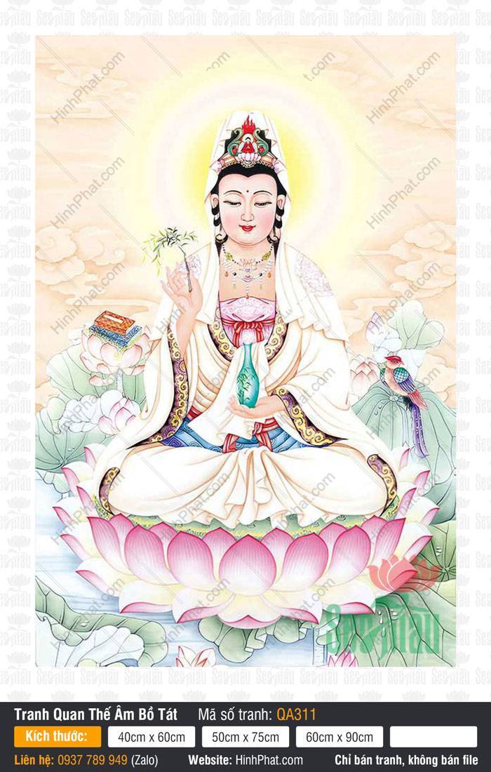 Tranh Phật Quan Âm QA311 Tranh Phật Quan Âm QA311 an tọa đài sen hồng tay nâng bình ngọc bên chim lành