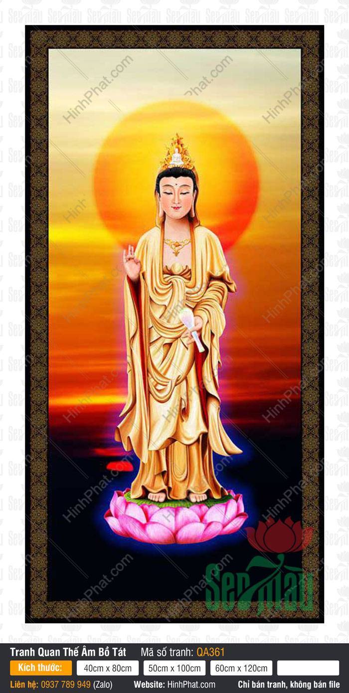 Tranh Phật Quan Âm QA361 Tranh Phật Quan Âm QA361 Bồ Tát đứng trên đài sen hồng y phục vàng hào quang rực rỡ