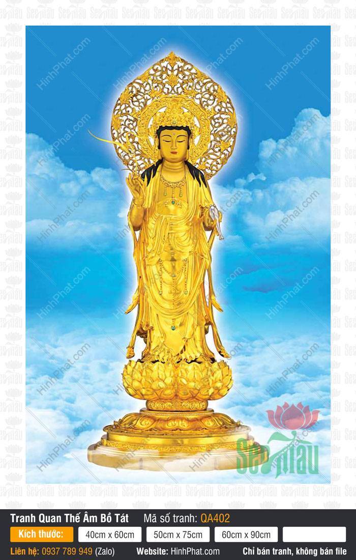 Tranh Phật Quan Âm QA402 Tranh Phật Quan Âm QA402 dát vàng đứng trên đài sen giữa bầu trời mây trắng xanh rực rỡ