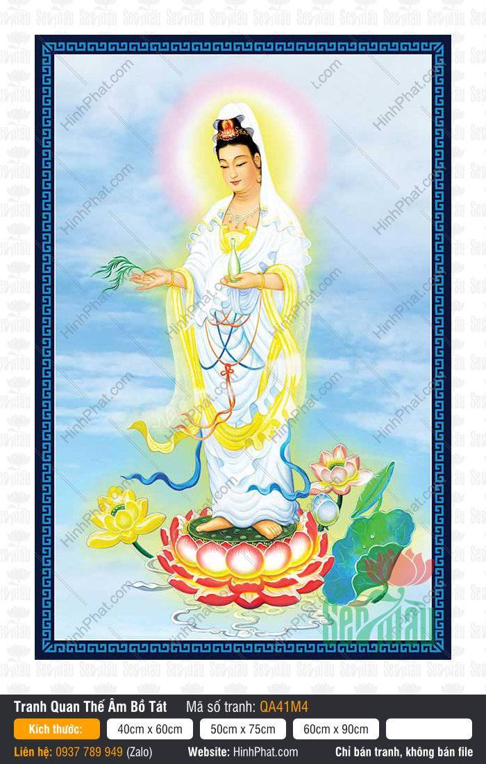 Tranh Phật Quan Âm QA41M4 Tranh Phật Quan Âm QA41M4 ngự đứng trên đài sen hồng khoác y áo trắng quàng dải lụa vàng