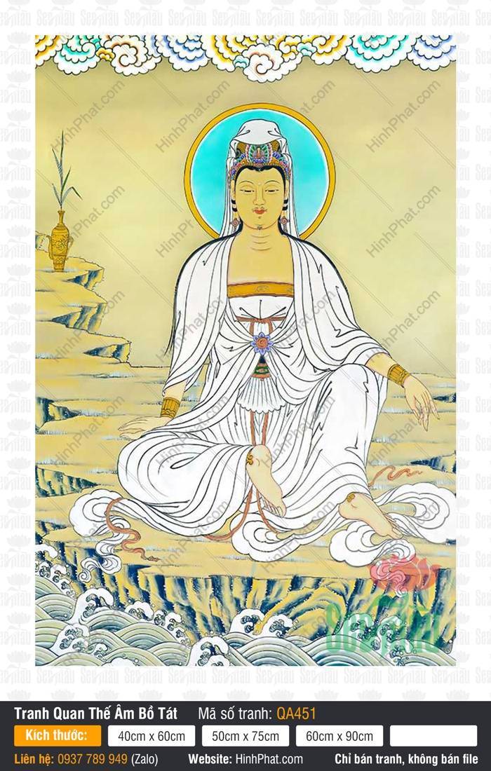 Tranh Phật Quan Âm QA451 Tranh Phật Quan Âm QA451 Bồ Tát mặc bạch y ngự trên vách đá giữa sóng biển cuộn trào