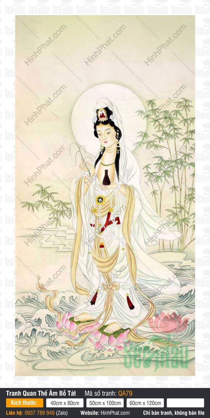 Tranh Phật Quan Âm QA79 Tranh Phật Quan Âm QA79 đứng trên tòa sen hồng giữa sóng nước biển và khóm trúc xanh