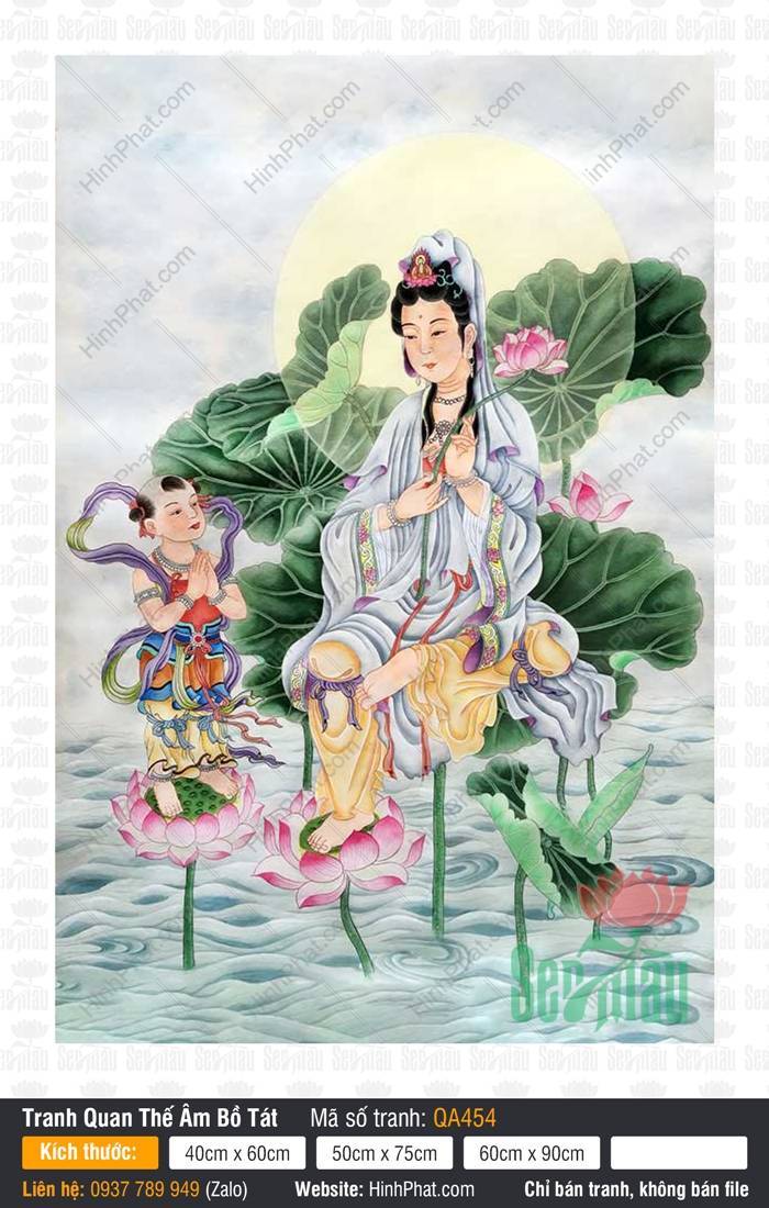 Tranh Phật Quán Thế Âm Bồ Tát QA454 Tranh Phật Quán Thế Âm Bồ Tát QA454 ngự tọa đài sen hồng cùng Thiện Tài Đồng Tử