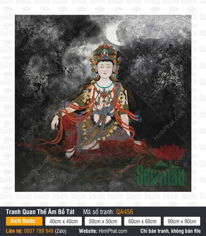 Tranh Quan Âm Bồ Tát Đẹp QA456 Tranh Quan Âm Bồ Tát Đẹp QA456 mô tả Ngài ngự gành đá dưới trăng rằm huyền ảo