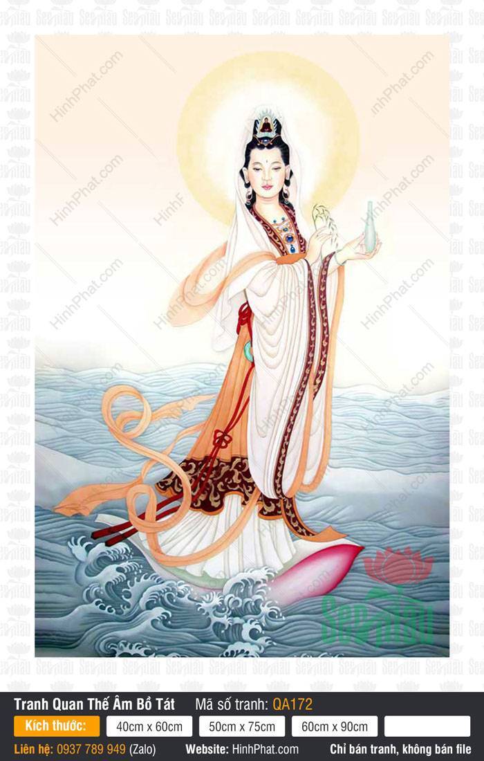 Tranh Quan Âm Bồ Tát Khổ Lớn Đẹp Nhất QA172 Tranh Quan Âm Bồ Tát Khổ Lớn Đẹp Nhất QA172 đứng trên cánh sen hồng lướt sóng