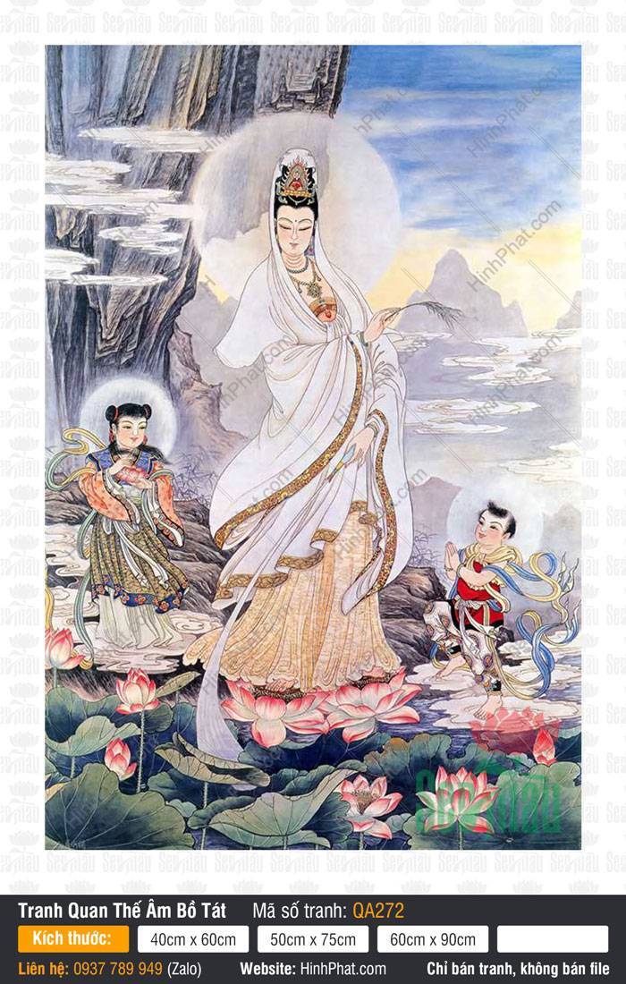 Tranh Quan Âm Bồ Tát Khổ Lớn Đẹp Nhất QA272 Tranh Quan Âm Bồ Tát Khổ Lớn Đẹp Nhất QA272 đứng đài sen hồng bên vách núi và thị giả