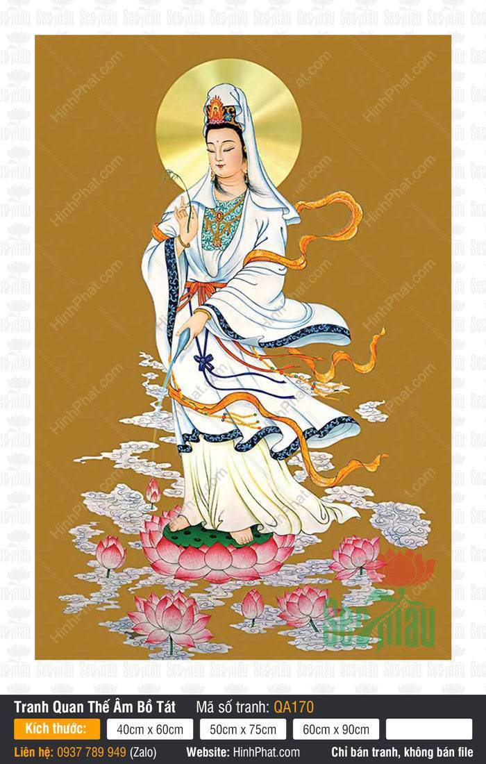 Tranh Quan Âm Bồ Tát Kích Thước Lớn QA170 Tranh Quan Âm Bồ Tát Kích Thước Lớn QA170 đứng trên đài sen hồng nền vàng